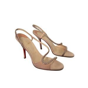 Christian Louboutin Nude Alta Perla Strass Crystal Slingback Pumps Satin Size 39